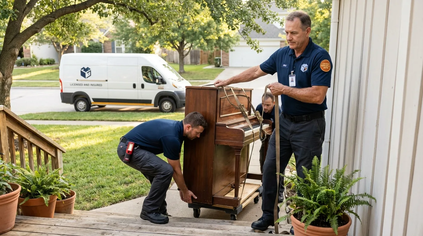 Licensed piano movers securing grand piano in Luzerne, PA